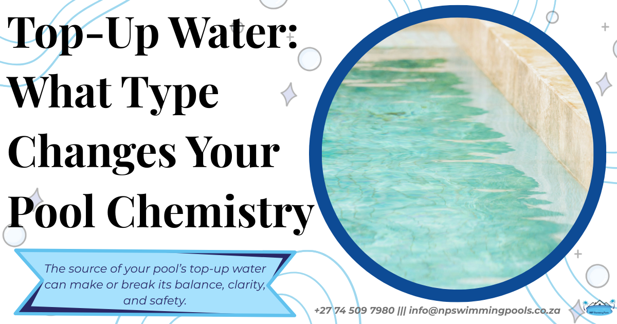 Top-Up Water: What Type Changes Your Pool Chemistry Close-up of a clean swimming pool, showing how different top-up water sources affect pool chemistry.