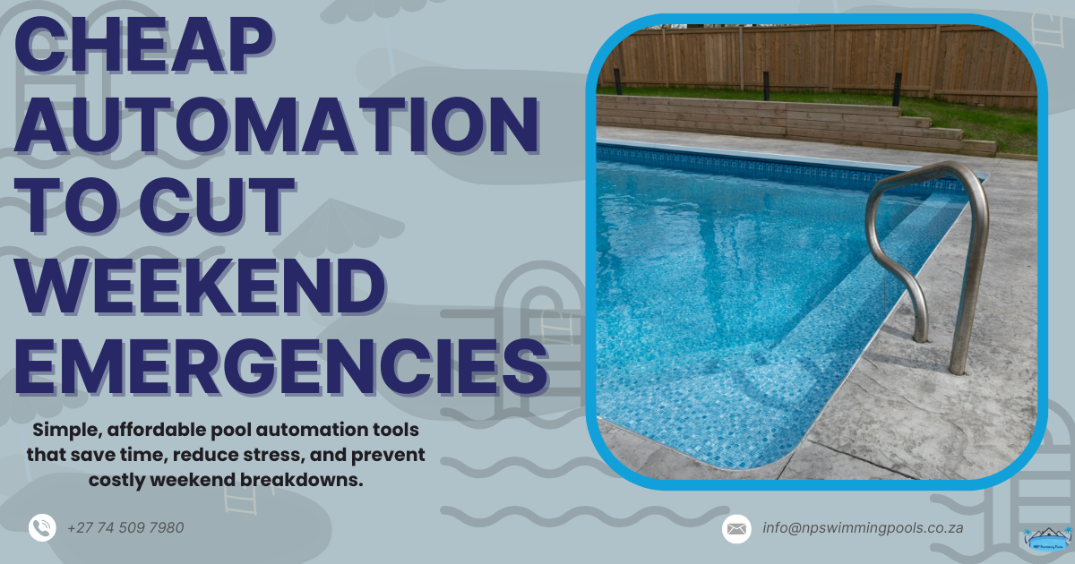 Cheap Automation to Cut Weekend Pool Emergencies A clean, blue swimming pool with stainless steel handrails, representing smart and affordable pool automation that prevents weekend maintenance emergencies.