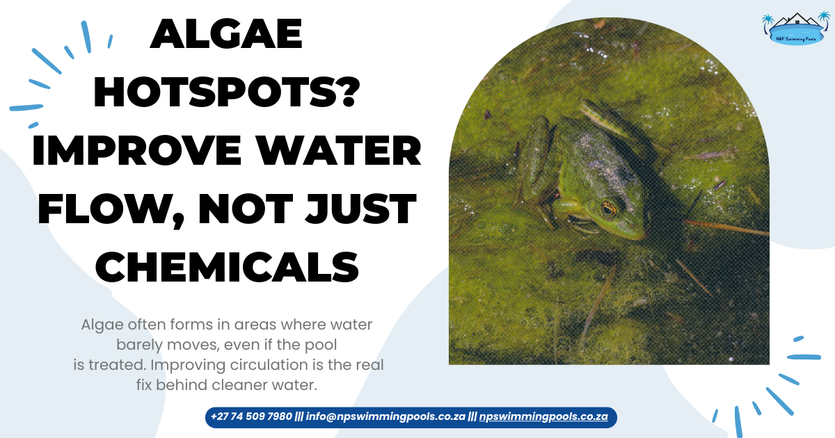 Algae hotspots? Improve water flow, not just chemicals Close-up view of algae-covered pool water with a frog sitting in the green buildup, used to illustrate stagnant areas where algae forms.