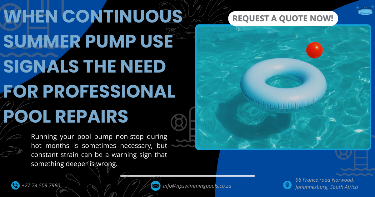 When Continuous Summer Pump Use Signals the Need for Professional Pool Repairs Swimming pool water with a floating ring, representing extended pump use during hot summer conditions.